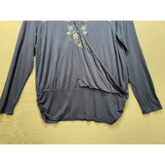 Knox Rose Womens Wrap Surplice Blouse Top Size L Blue Floral Embroidered Boho - Picture 7 of 13